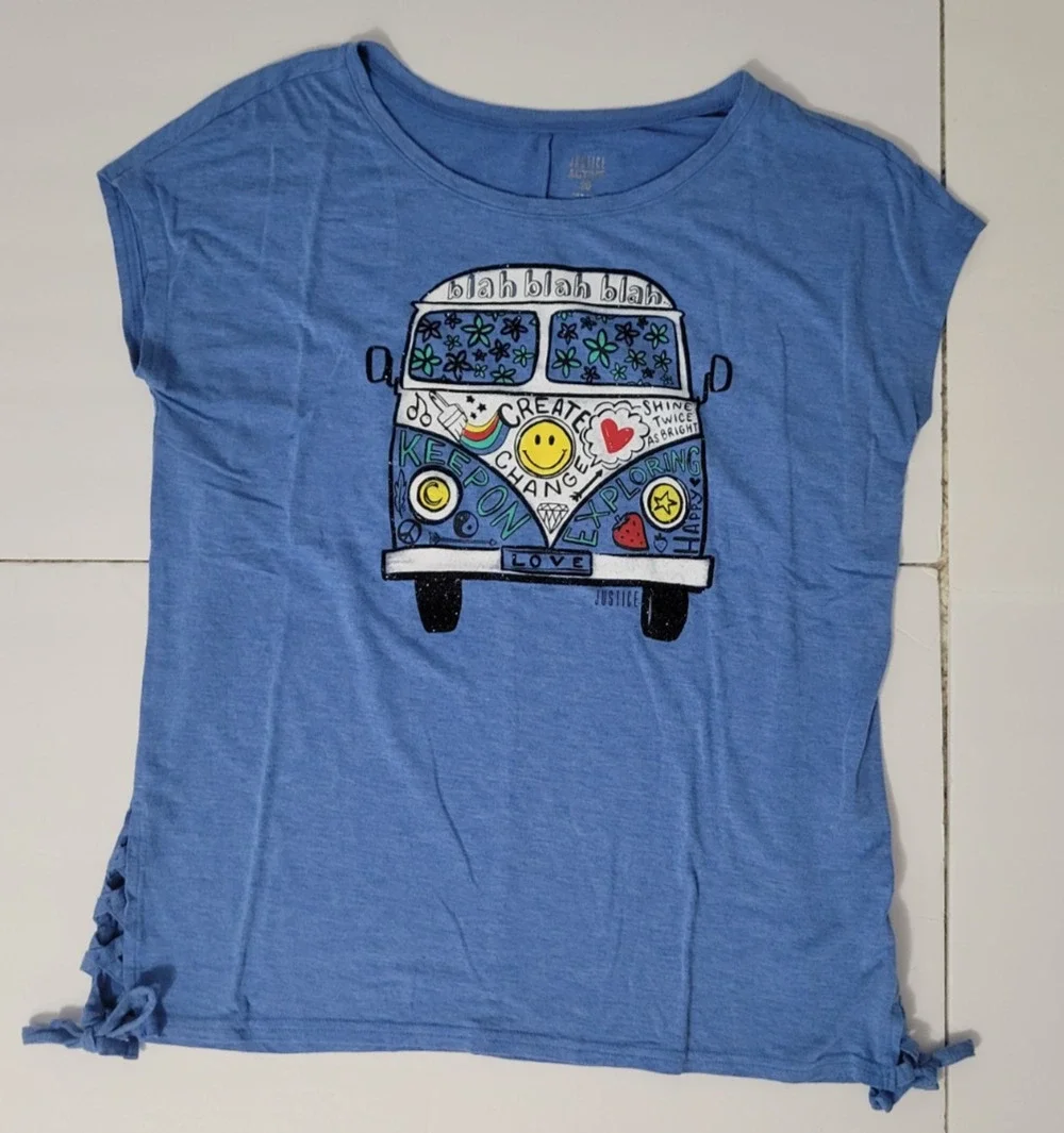 Justice Active Girls Size 20 Blue Hippie Van Graphic Tee Peace Love Ruched